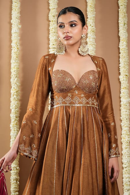 Ahi Clothing_Gold Organza, Silk Cut Work, Embroidery Sweetheart Neck Hand Anarkali Set _at_Aza_Fashions