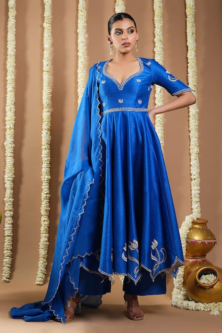 Ahi Clothing_Blue Organza, Silk Zari, Cut Work, Metallic Thread, Moti Hand Anarkali Set _Online_at_Aza_Fashions