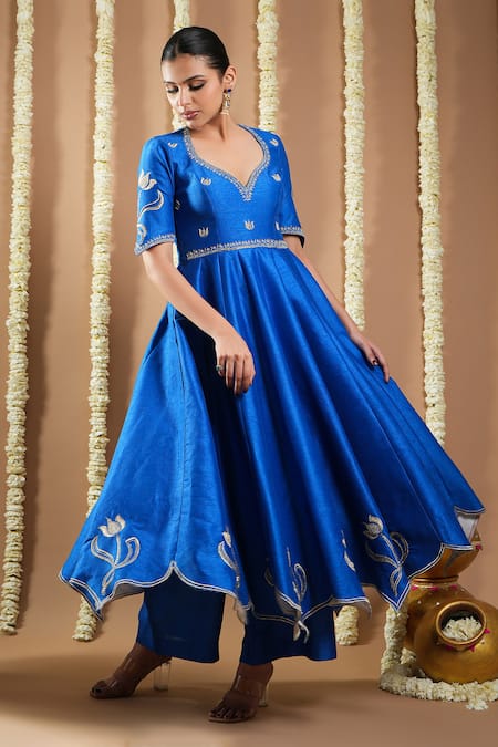 Buy_Ahi Clothing_Blue Organza, Silk Zari, Cut Work, Metallic Thread, Moti Hand Anarkali Set _Online_at_Aza_Fashions