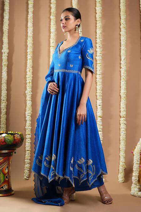 Shop_Ahi Clothing_Blue Organza, Silk Zari, Cut Work, Metallic Thread, Moti Hand Anarkali Set _Online_at_Aza_Fashions