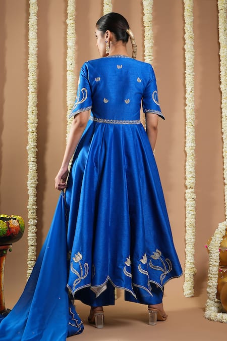 Shop_Ahi Clothing_Blue Organza, Silk Zari, Cut Work, Metallic Thread, Moti Hand Anarkali Set _at_Aza_Fashions