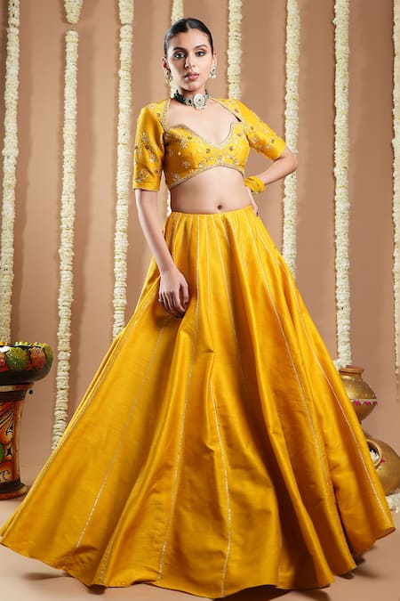 Ahi Clothing_Yellow Silk, Organza Mirrors, Zari, Mustard Lace Embroidered Lehenga Set _Online_at_Aza_Fashions