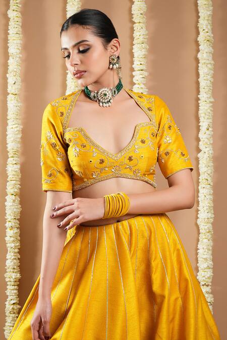 Buy_Ahi Clothing_Yellow Silk, Organza Mirrors, Zari, Mustard Lace Embroidered Lehenga Set _Online_at_Aza_Fashions