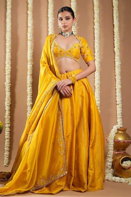 Ahi Clothing_Yellow Silk, Organza Mirrors, Zari, Mustard Lace Embroidered Lehenga Set _at_Aza_Fashions