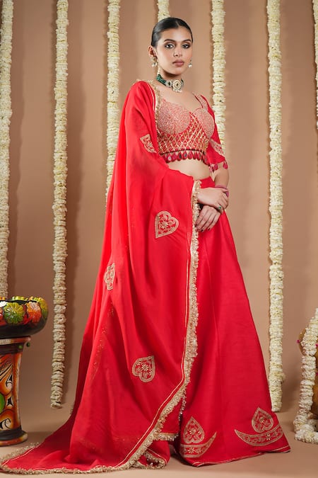 Ahi Clothing Red Silk, Organza Sequins, Zari, Cut Work, Mirrors, Hand Lehenga Set Online at Aza Fashions Ahi Clothing_Red Silk, Organza Sequins, Zari, Cut Work, Mirrors, Hand Lehenga Set _Online_at_Aza_Fashions