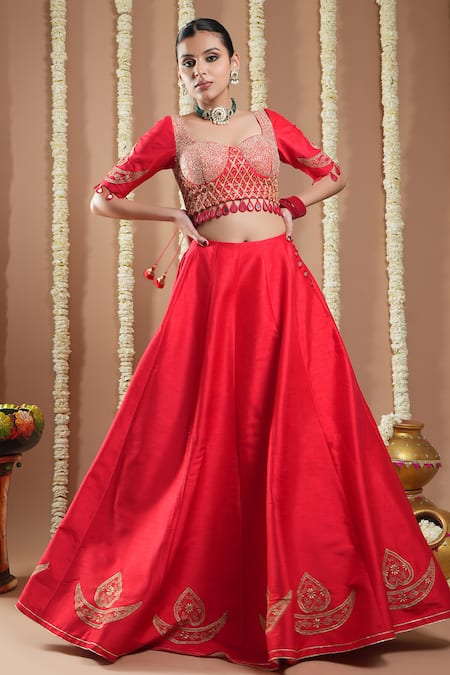 Buy Ahi Clothing Red Silk, Organza Sequins, Zari, Cut Work, Mirrors, Hand Lehenga Set Online at Aza Fashions Buy_Ahi Clothing_Red Silk, Organza Sequins, Zari, Cut Work, Mirrors, Hand Lehenga Set _Online_at_Aza_Fashions