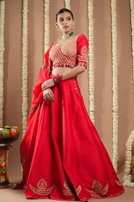 Shop Ahi Clothing Red Silk, Organza Sequins, Zari, Cut Work, Mirrors, Hand Lehenga Set Online at Aza Fashions Shop_Ahi Clothing_Red Silk, Organza Sequins, Zari, Cut Work, Mirrors, Hand Lehenga Set _Online_at_Aza_Fashions