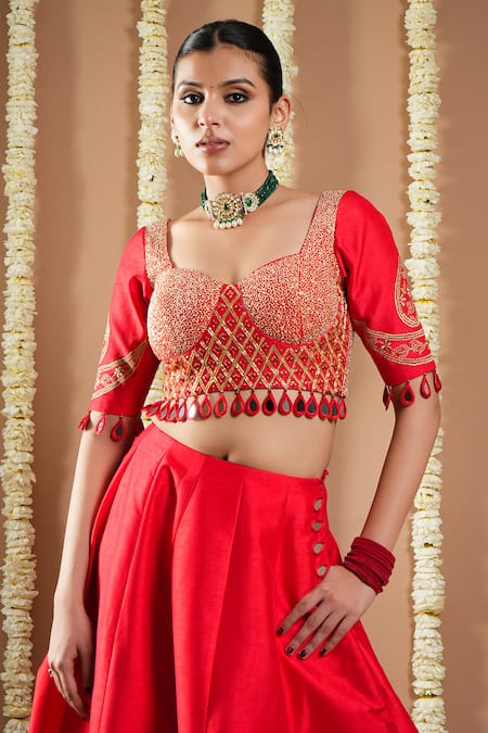 Ahi Clothing Red Silk, Organza Sequins, Zari, Cut Work, Mirrors, Hand Lehenga Set at Aza Fashions Ahi Clothing_Red Silk, Organza Sequins, Zari, Cut Work, Mirrors, Hand Lehenga Set _at_Aza_Fashions