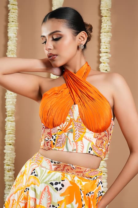 Ahi Clothing Orange Crepe, Linen Sequins, Zari, Cut Work, Embroidery Floral Hand Lehenga Set Online at Aza Fashions Ahi Clothing_Orange Crepe, Linen Sequins, Zari, Cut Work, Embroidery Floral Hand Lehenga Set _Online_at_Aza_Fashions