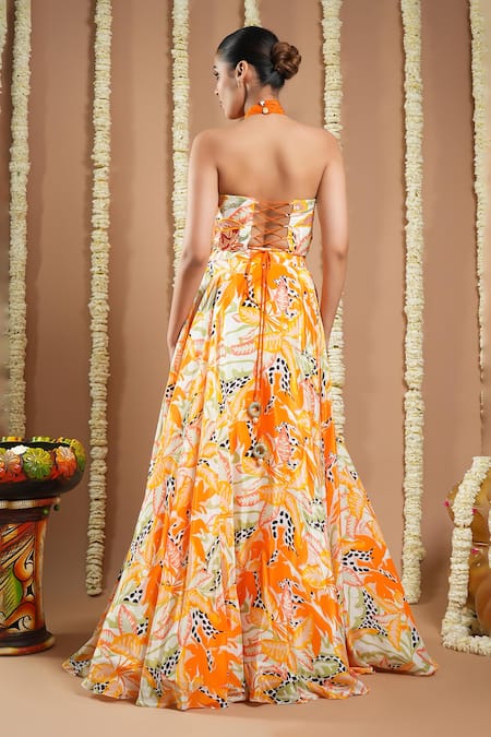 Shop Ahi Clothing Orange Crepe, Linen Sequins, Zari, Cut Work, Embroidery Floral Hand Lehenga Set at Aza Fashions Shop_Ahi Clothing_Orange Crepe, Linen Sequins, Zari, Cut Work, Embroidery Floral Hand Lehenga Set _at_Aza_Fashions