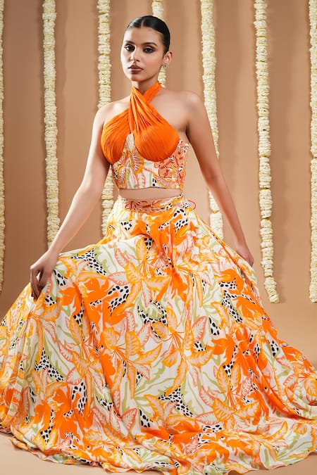 Buy Ahi Clothing Orange Crepe, Linen Sequins, Zari, Cut Work, Embroidery Floral Hand Lehenga Set Online at Aza Fashions Buy_Ahi Clothing_Orange Crepe, Linen Sequins, Zari, Cut Work, Embroidery Floral Hand Lehenga Set _Online_at_Aza_Fashions