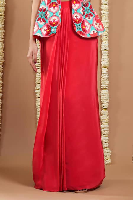 Ahi Clothing Red Crepe Sequins, Zari, Metallic Thread Hand Embroidered Draped Skirt And Jacket Online at Aza Fashions Ahi Clothing_Red Crepe Sequins, Zari, Metallic Thread Hand Embroidered Draped Skirt And Jacket _Online_at_Aza_Fashions