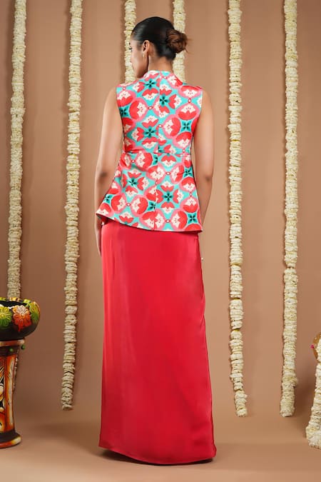 Shop Ahi Clothing Red Crepe Sequins, Zari, Metallic Thread Hand Embroidered Draped Skirt And Jacket at Aza Fashions Shop_Ahi Clothing_Red Crepe Sequins, Zari, Metallic Thread Hand Embroidered Draped Skirt And Jacket _at_Aza_Fashions