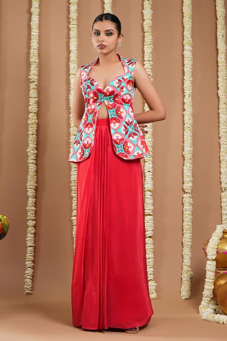 Buy Ahi Clothing Red Crepe Sequins, Zari, Metallic Thread Hand Embroidered Draped Skirt And Jacket Online at Aza Fashions Buy_Ahi Clothing_Red Crepe Sequins, Zari, Metallic Thread Hand Embroidered Draped Skirt And Jacket _Online_at_Aza_Fashions