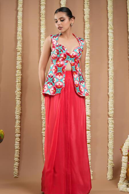 Shop Ahi Clothing Red Crepe Sequins, Zari, Metallic Thread Hand Embroidered Draped Skirt And Jacket Online at Aza Fashions Shop_Ahi Clothing_Red Crepe Sequins, Zari, Metallic Thread Hand Embroidered Draped Skirt And Jacket _Online_at_Aza_Fashions