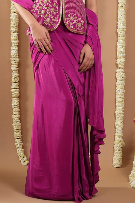 Ahi Clothing Purple Crepe Sequins Sweetheart Neck Embroidered Pre-draped Saree And Tunic Set Online at Aza Fashions Ahi Clothing_Purple Crepe Sequins Sweetheart Neck Embroidered Pre-draped Saree And Tunic Set _Online_at_Aza_Fashions