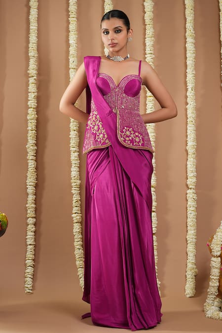 Buy Ahi Clothing Purple Crepe Sequins Sweetheart Neck Embroidered Pre-draped Saree And Tunic Set Online at Aza Fashions Buy_Ahi Clothing_Purple Crepe Sequins Sweetheart Neck Embroidered Pre-draped Saree And Tunic Set _Online_at_Aza_Fashions