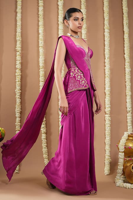 Shop Ahi Clothing Purple Crepe Sequins Sweetheart Neck Embroidered Pre-draped Saree And Tunic Set Online at Aza Fashions Shop_Ahi Clothing_Purple Crepe Sequins Sweetheart Neck Embroidered Pre-draped Saree And Tunic Set _Online_at_Aza_Fashions
