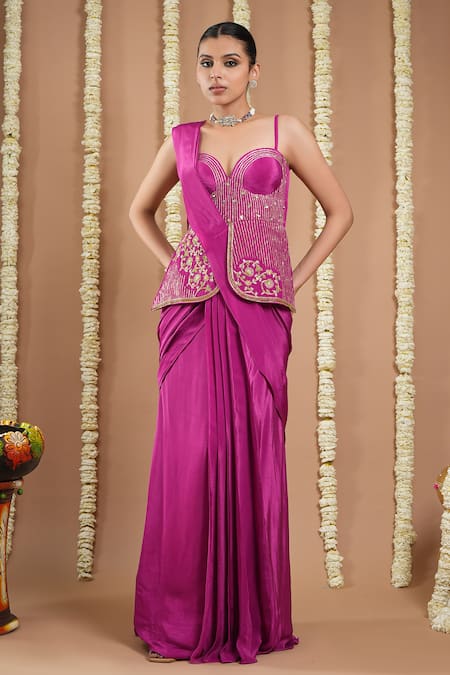 Ahi Clothing Purple Crepe Sequins Sweetheart Neck Embroidered Pre-draped Saree And Tunic Set at Aza Fashions Ahi Clothing_Purple Crepe Sequins Sweetheart Neck Embroidered Pre-draped Saree And Tunic Set _at_Aza_Fashions