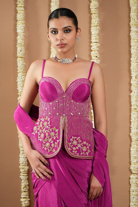 Buy Ahi Clothing Purple Crepe Sequins Sweetheart Neck Embroidered Pre-draped Saree And Tunic Set Buy_Ahi Clothing_Purple Crepe Sequins Sweetheart Neck Embroidered Pre-draped Saree And Tunic Set