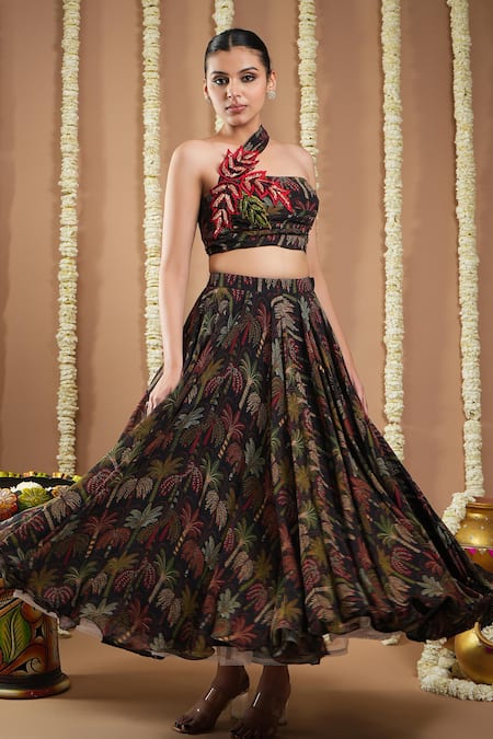 Ahi Clothing_Black Georgette Cut Work, Sequins, Embroidery Botanical Print Skirt And Blouse Set _Online_at_Aza_Fashions