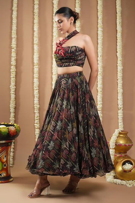 Buy_Ahi Clothing_Black Georgette Cut Work, Sequins, Embroidery Botanical Print Skirt And Blouse Set _Online_at_Aza_Fashions