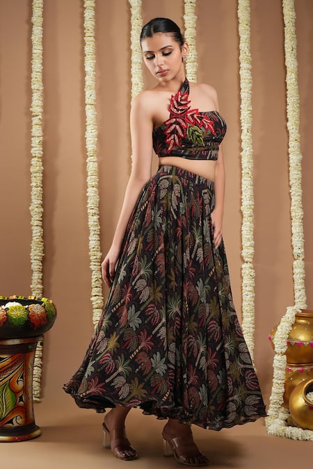 Shop_Ahi Clothing_Black Georgette Cut Work, Sequins, Embroidery Botanical Print Skirt And Blouse Set _Online_at_Aza_Fashions