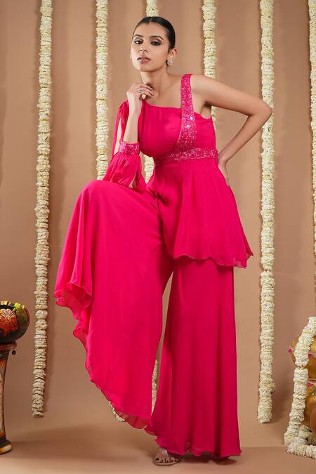 Ahi Clothing Pink Georgette Asymmetric Cutdana Embellished A-line Tunic And Palazzo Online at Aza Fashions Ahi Clothing_Pink Georgette Asymmetric Cutdana Embellished A-line Tunic And Palazzo _Online_at_Aza_Fashions