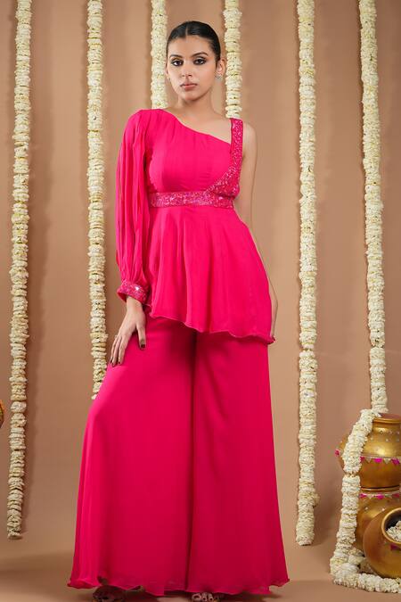 Buy Ahi Clothing Pink Georgette Asymmetric Cutdana Embellished A-line Tunic And Palazzo Online at Aza Fashions Buy_Ahi Clothing_Pink Georgette Asymmetric Cutdana Embellished A-line Tunic And Palazzo _Online_at_Aza_Fashions
