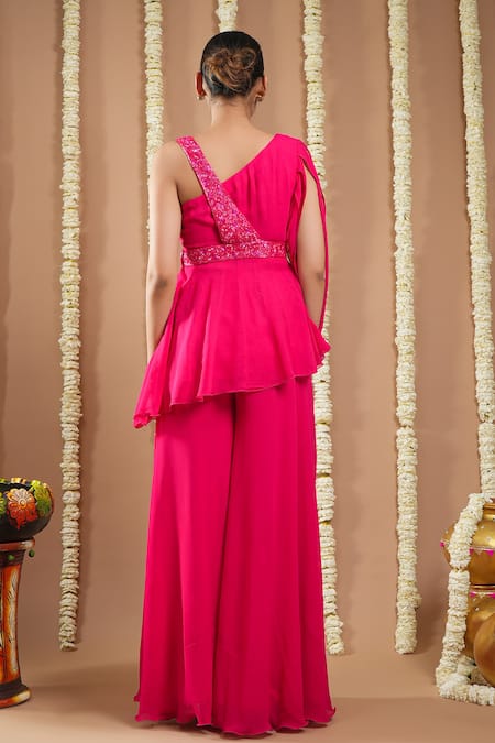Shop Ahi Clothing Pink Georgette Asymmetric Cutdana Embellished A-line Tunic And Palazzo at Aza Fashions Shop_Ahi Clothing_Pink Georgette Asymmetric Cutdana Embellished A-line Tunic And Palazzo _at_Aza_Fashions