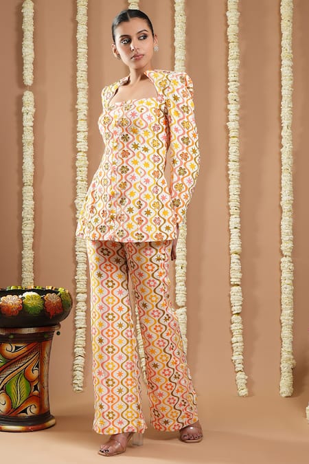 Shop Ahi Clothing Multi Color Crepe Embroidery, Zari, Sequins Floral Printed Top And Pant Set Online at Aza Fashions Shop_Ahi Clothing_Multi Color Crepe Embroidery, Zari, Sequins Floral Printed Top And Pant Set _Online_at_Aza_Fashions