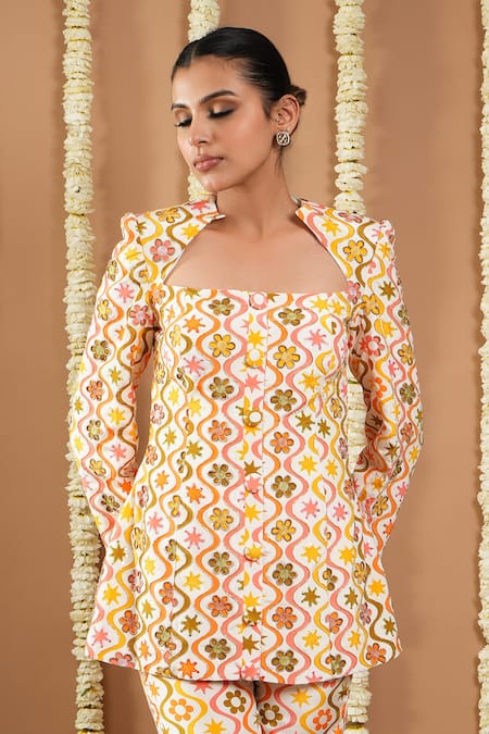 Ahi Clothing Multi Color Crepe Embroidery, Zari, Sequins Floral Printed Top And Pant Set at Aza Fashions Ahi Clothing_Multi Color Crepe Embroidery, Zari, Sequins Floral Printed Top And Pant Set _at_Aza_Fashions