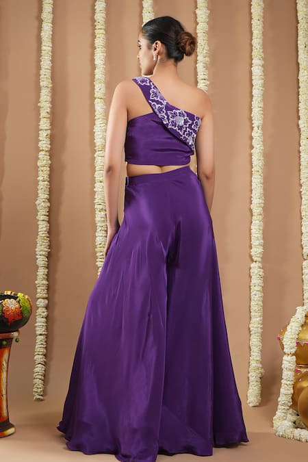 Shop Ahi Clothing Purple Crepe, Silk Sequins, Cut Work Asymmetric Embroidered Blouse And Palazzo at Aza Fashions Shop_Ahi Clothing_Purple Crepe, Silk Sequins, Cut Work Asymmetric Embroidered Blouse And Palazzo _at_Aza_Fashions