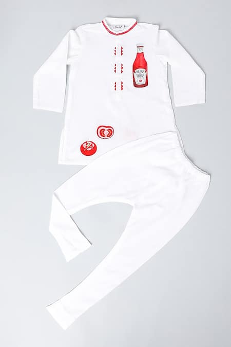 Buy Little Brats Off White Handloom , Ketchup Patchwork Kurta Set Online at Aza Fashions Buy_Little Brats_Off White Handloom , Ketchup Patchwork Kurta Set _Online_at_Aza_Fashions