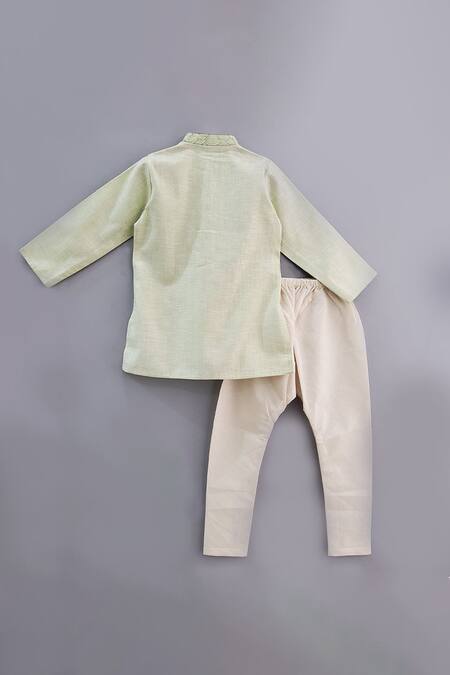 Shop Little Brats Green Linen, Cotton Embroidery Fish Motif Kurta Set at Aza Fashions Shop_Little Brats_Green Linen, Cotton Embroidery Fish Motif Kurta Set _at_Aza_Fashions