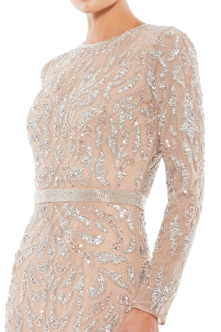 Mac Duggal_Beige Polyester Sequins, Beads Round Neck Embroidered Mermaid Gown _Online_at_Aza_Fashions