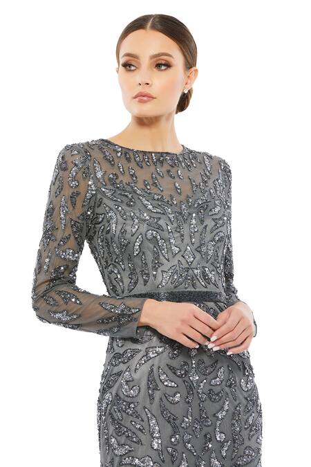 Mac Duggal_Gray Polyester Beads, Sequins Round Neck Charcoal Grey Embroidered Gown _Online_at_Aza_Fashions