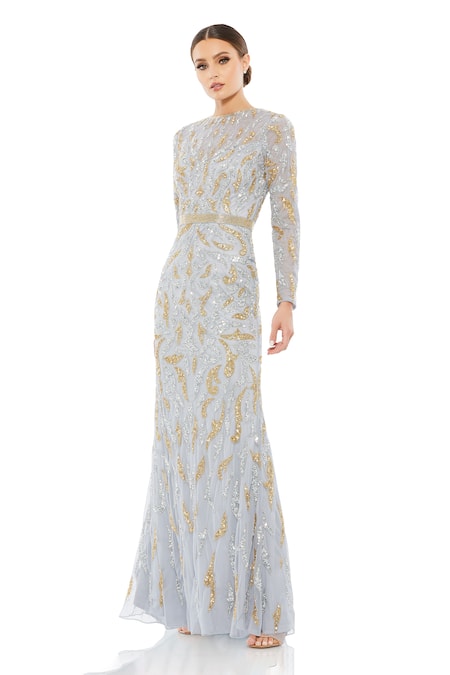 Mac Duggal Multi Color Polyester Sequins, Beads Round Neck Embroidered Gown 