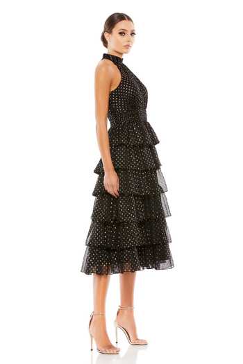 Mac Duggal_Black Polyester Halter Neck Polka Dot Print Tiered Ruffled Dress_Online_at_Aza_Fashions