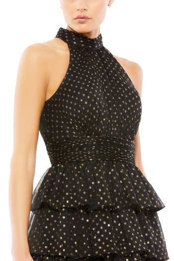Buy_Mac Duggal_Black Polyester Halter Neck Polka Dot Print Tiered Ruffled Dress_Online_at_Aza_Fashions