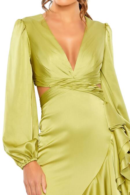 Mac Duggal Green Polyester Ruffles V-neck Cut-out Asymmetric Gown Online at Aza Fashions Mac Duggal_Green Polyester Ruffles V-neck Cut-out Asymmetric Gown _Online_at_Aza_Fashions