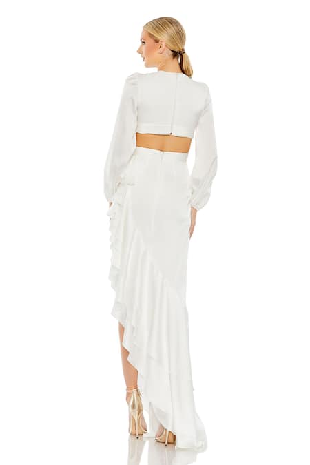 Shop Mac Duggal White Polyester Ruffles V-neck Asymmetric Cut-out Gown at Aza Fashions Shop_Mac Duggal_White Polyester Ruffles V-neck Asymmetric Cut-out Gown _at_Aza_Fashions