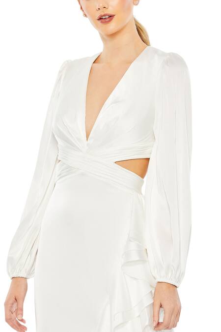 Mac Duggal White Polyester Ruffles V-neck Asymmetric Cut-out Gown Online at Aza Fashions Mac Duggal_White Polyester Ruffles V-neck Asymmetric Cut-out Gown _Online_at_Aza_Fashions