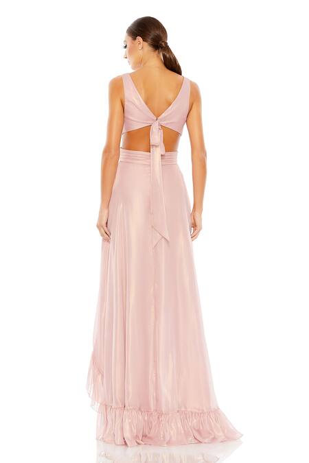Shop_Mac Duggal_Rose Gold Polyester Ruffles V-neck High-low Gown _at_Aza_Fashions