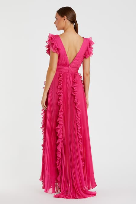 Shop_Mac Duggal_Fuchsia Polyester Ruffles V-neck Pleated Gown _at_Aza_Fashions