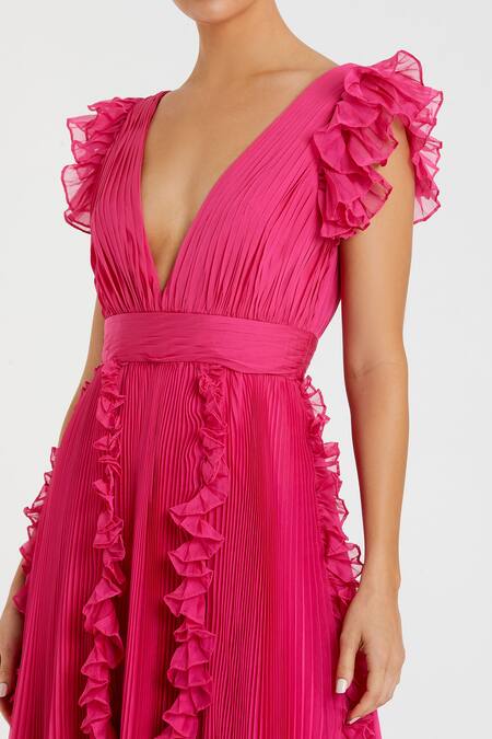 Mac Duggal_Fuchsia Polyester Ruffles V-neck Pleated Gown _Online_at_Aza_Fashions