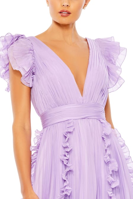 Buy_Mac Duggal_Purple Polyester Ruffles V-neck Plunge Gown _Online_at_Aza_Fashions