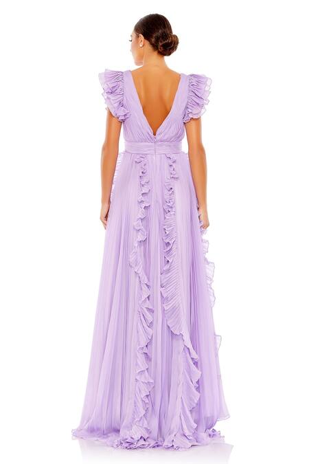Shop_Mac Duggal_Purple Polyester Ruffles V-neck Plunge Gown _at_Aza_Fashions