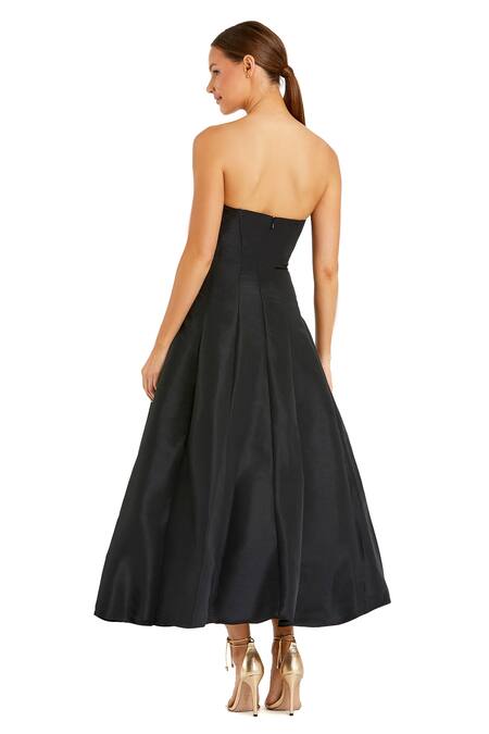 Mac Duggal_Black Polyester Bows Open Neck Strapless A-line Midi Dress _Online_at_Aza_Fashions