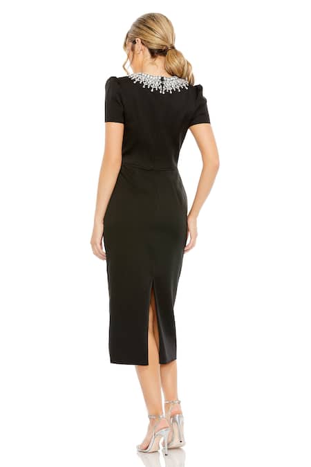 Shop_Mac Duggal_Black Polyester Rhinestones Round Neck Embellished Midi Dress _at_Aza_Fashions